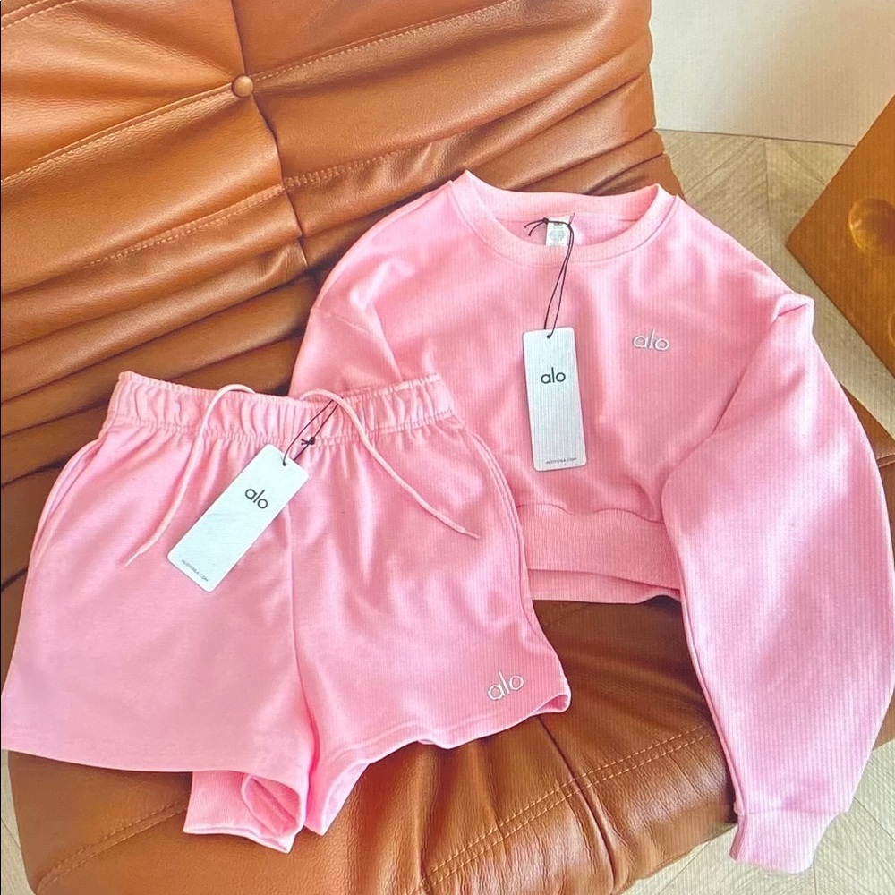 ALO Yoga Pink Athletic Shorts and Cropped Sweatshirt Set